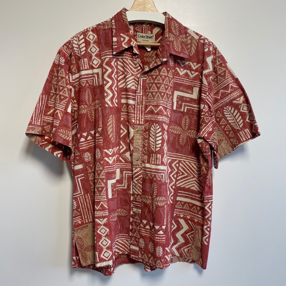 Cooke Street Honolulu Men's Hawaiian Shirt Red Geometric Short‎ Sleeve Size 2XL